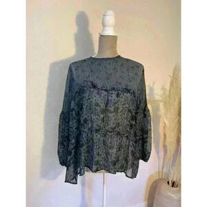 Zara Sheer Blouse Blue and Gold Detailing, Size S